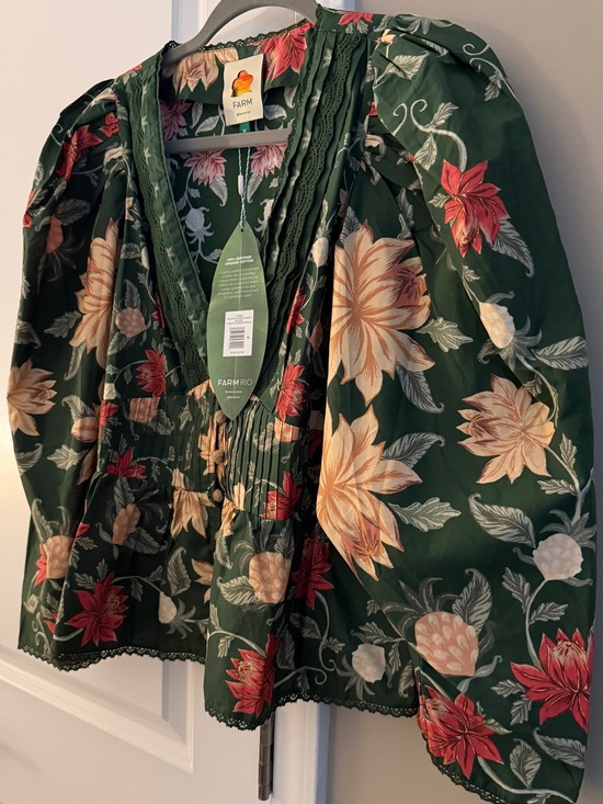 FARM Rio Tops - BNWT FARM Rio Dark Green Floral V-Neck Blouse Top  cotton size M